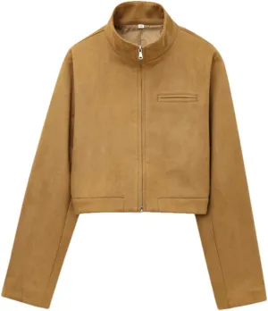 Women Cropped Suede Jacket Fall Long Sleeve Faux Leather Moto Biker Zipper Jacket