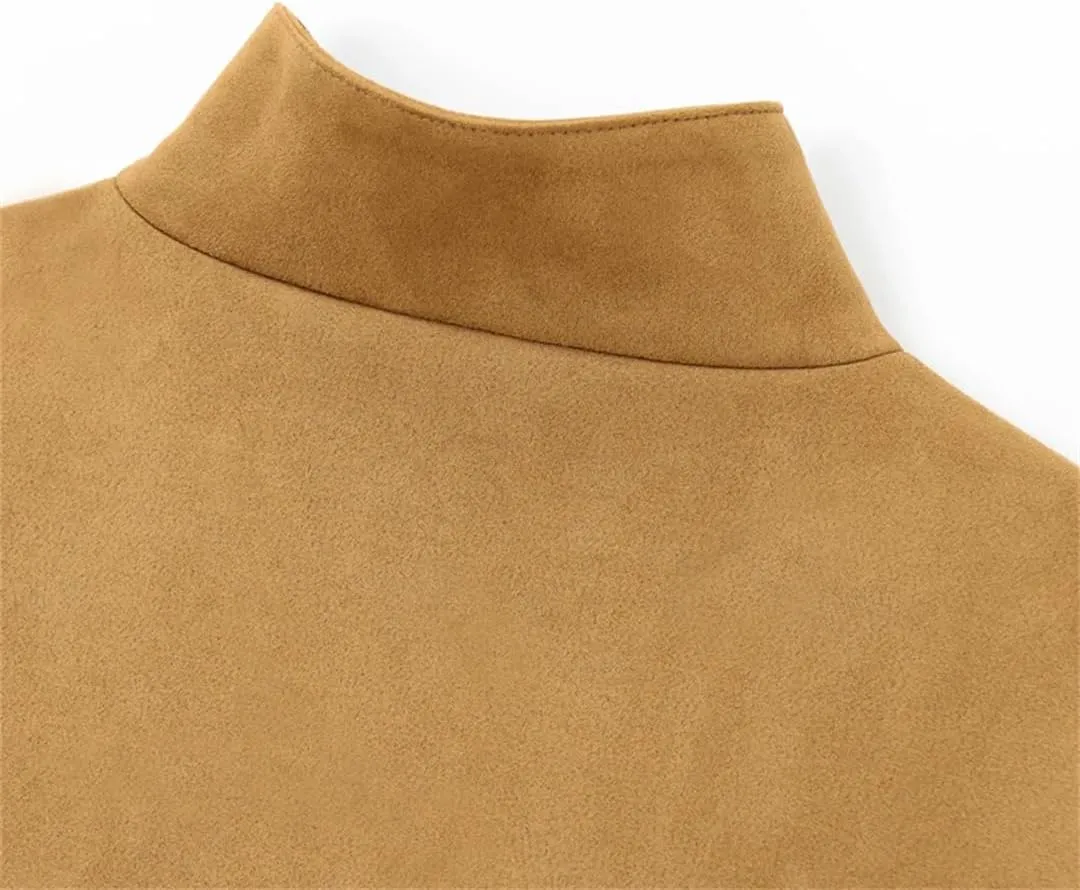 Women Cropped Suede Jacket Fall Long Sleeve Faux Leather Moto Biker Zipper Jacket