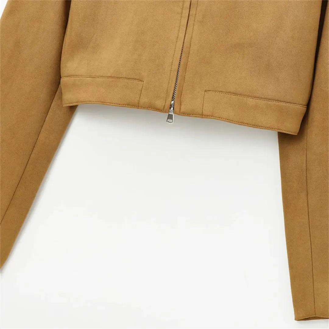 Women Cropped Suede Jacket Fall Long Sleeve Faux Leather Moto Biker Zipper Jacket