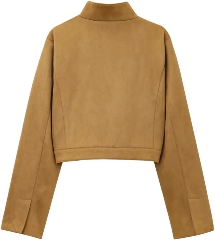 Women Cropped Suede Jacket Fall Long Sleeve Faux Leather Moto Biker Zipper Jacket