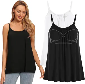 Women Flowy Pleated Camisole with Built in Bra Loose Casual Sleeveless Tank Tops