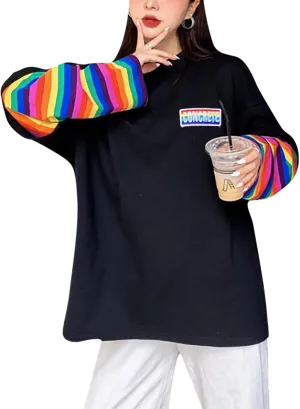 Women Girls Casual Oversized Striped T Shirt Long Sleeves Pullover Sweatshirt Tops