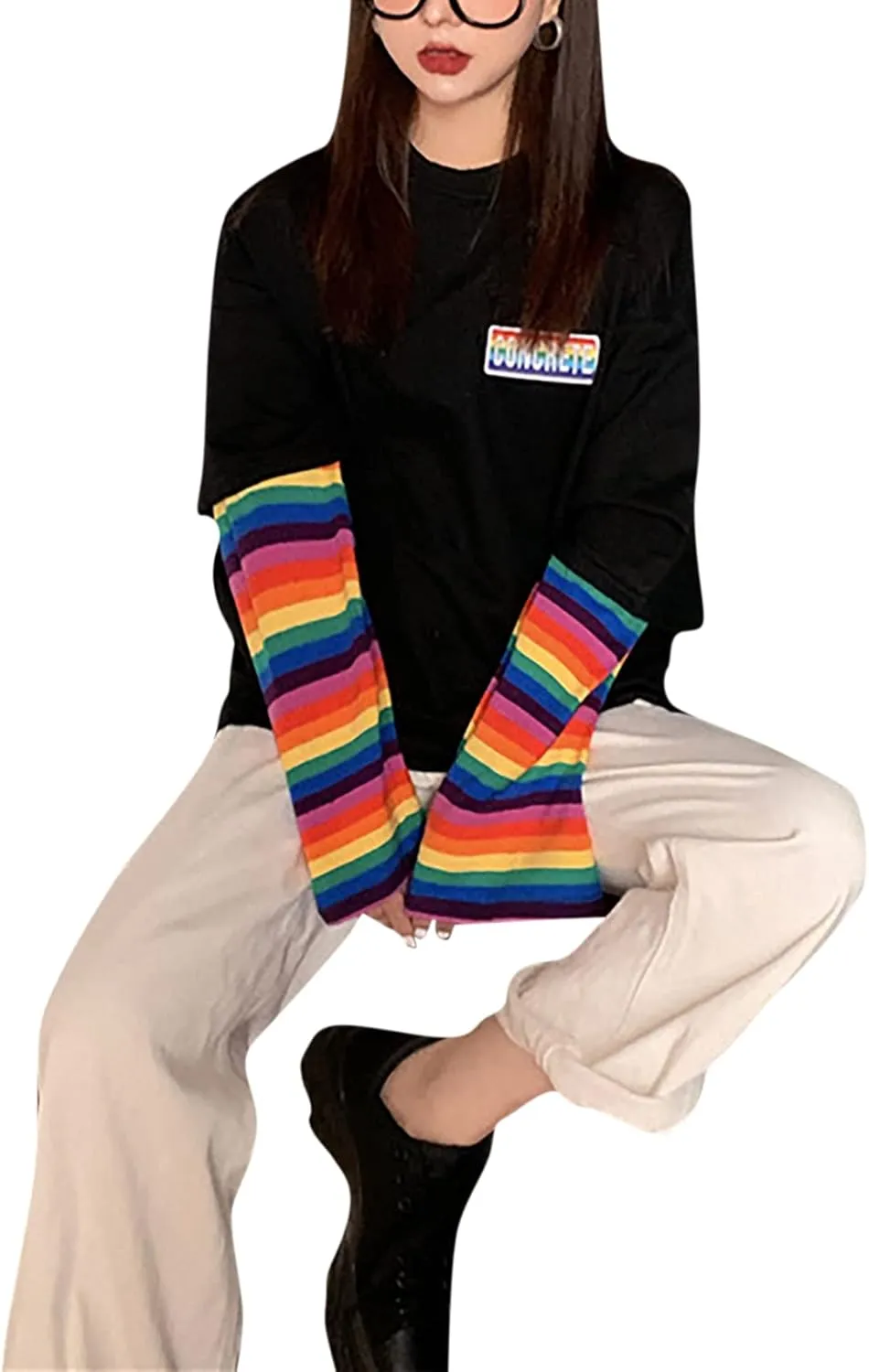 Women Girls Casual Oversized Striped T Shirt Long Sleeves Pullover Sweatshirt Tops