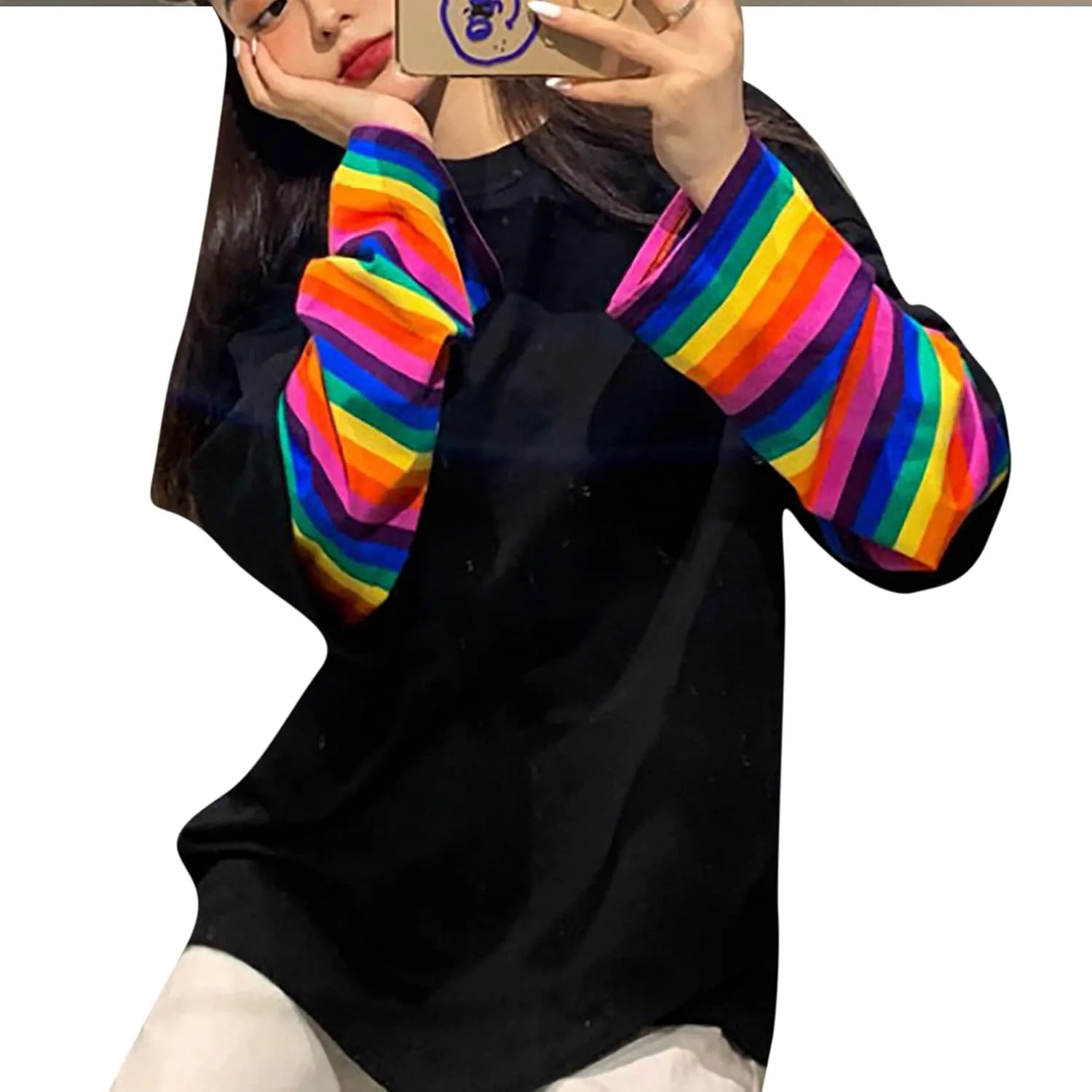 Women Girls Casual Oversized Striped T Shirt Long Sleeves Pullover Sweatshirt Tops
