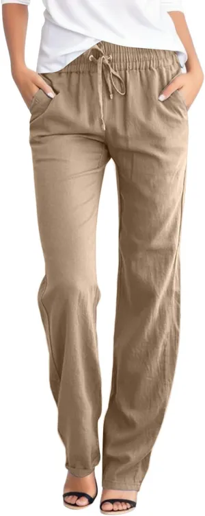 Women Linen Casual Pants Loose Fit High Waist Straight Leg Trousers Palazzo Pants with Drawstring Baggy Athletic Jogger Pants