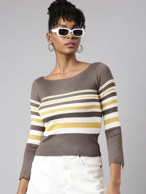 Women Olive Boat Neck Striped Slit Sleeve Fitted Winter Wear Top