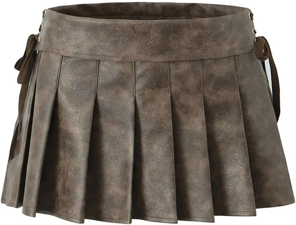 Women Pleated Mini Skirt Sexy Low Waist Super Short Skirts Chic Pu Leather Slim Skorts