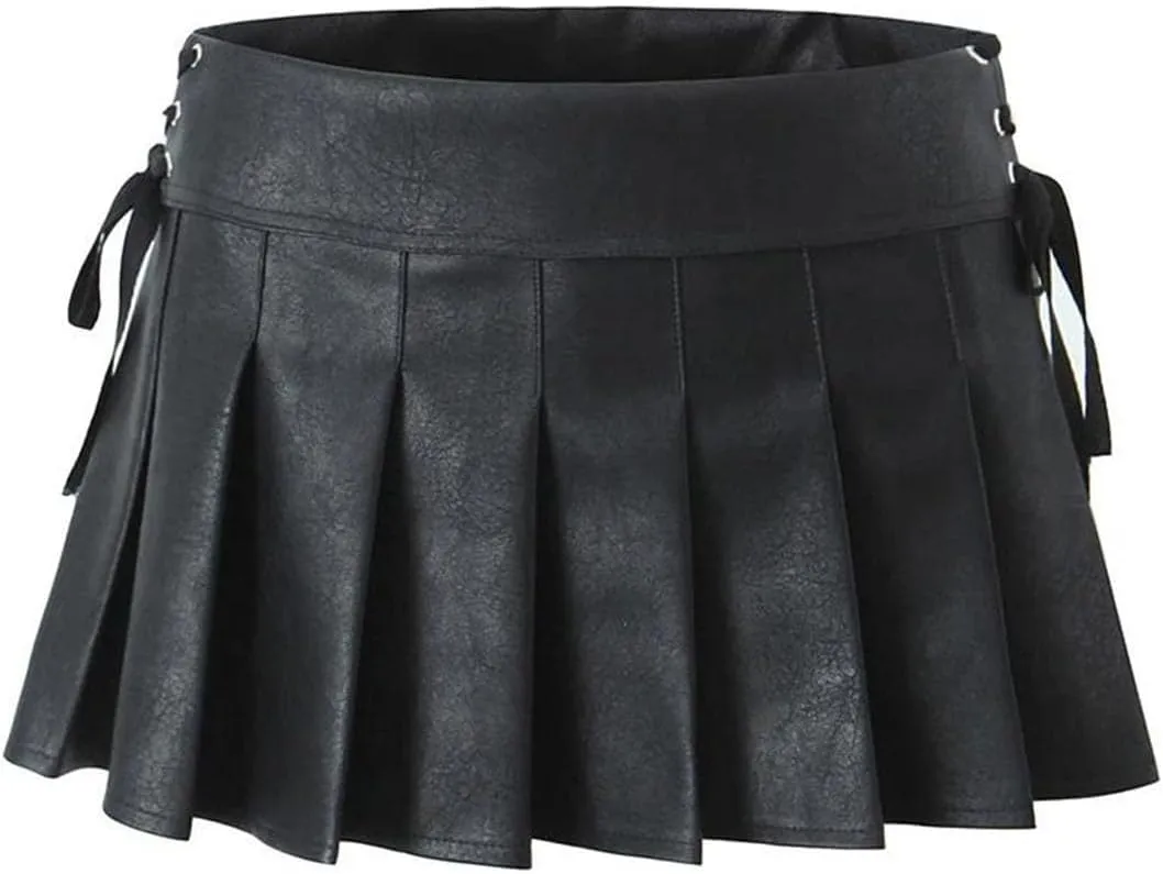 Women Pleated Mini Skirt Sexy Low Waist Super Short Skirts Chic Pu Leather Slim Skorts
