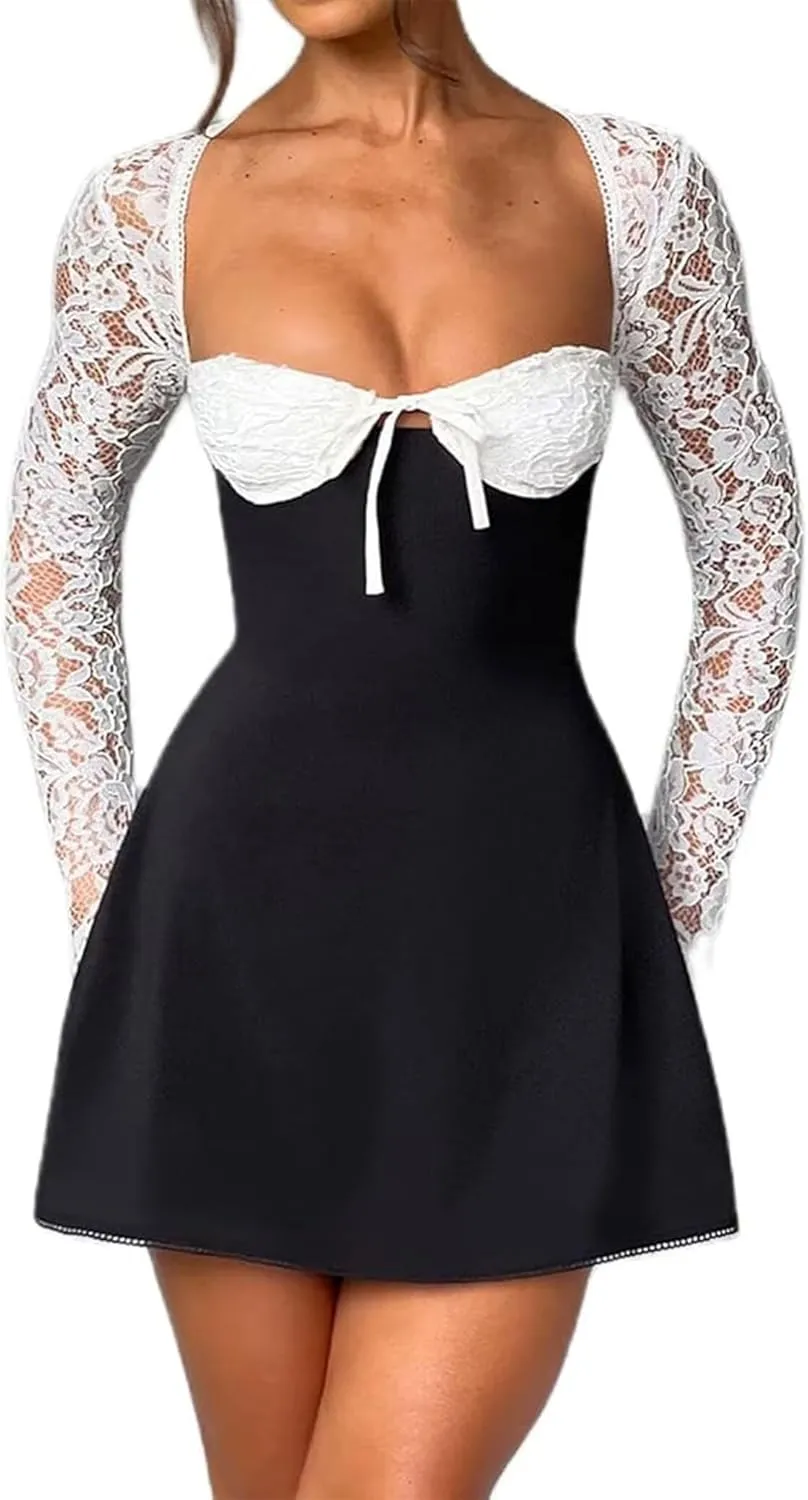 Women 's Elegant Bodycon Dress Lace Patchwork Long Sleeve Low Cut Mini Dress Backless Tie-up Going Out Dress