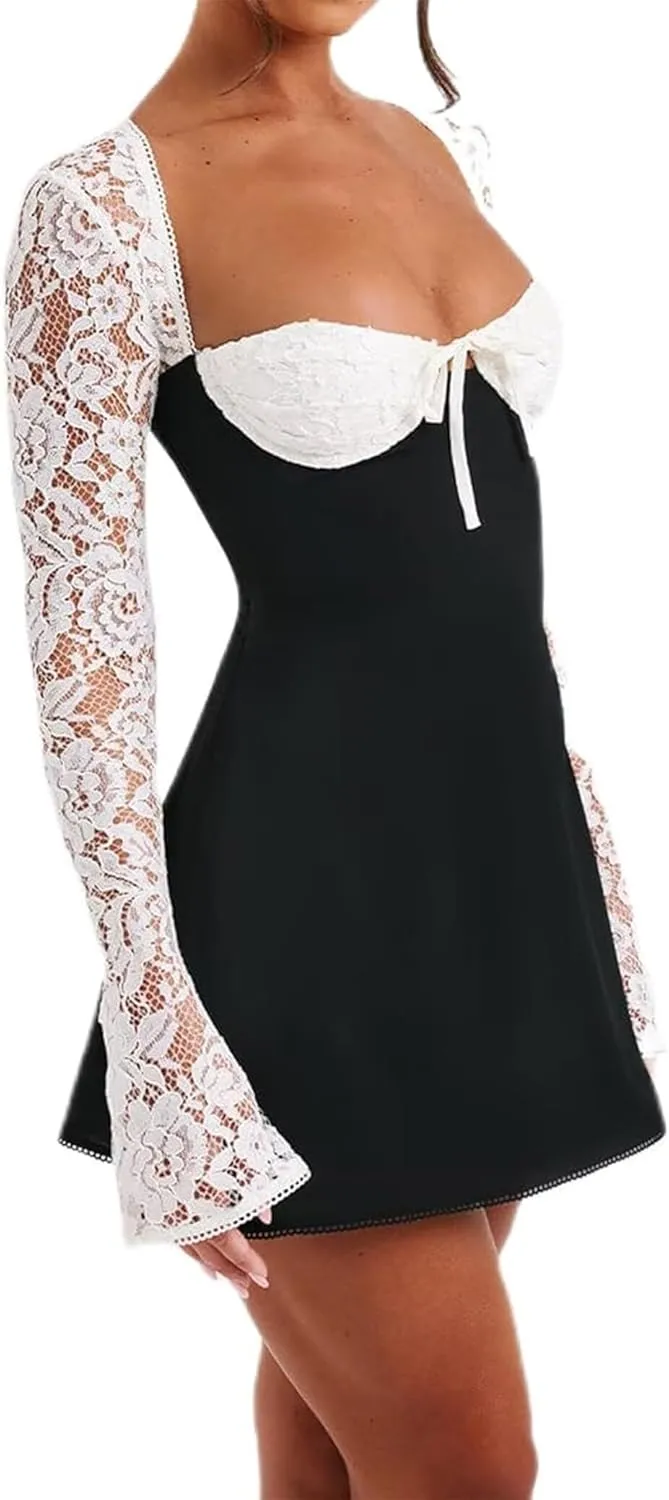 Women 's Elegant Bodycon Dress Lace Patchwork Long Sleeve Low Cut Mini Dress Backless Tie-up Going Out Dress