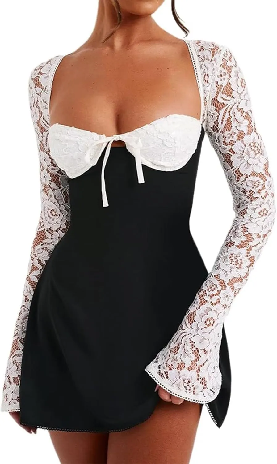 Women 's Elegant Bodycon Dress Lace Patchwork Long Sleeve Low Cut Mini Dress Backless Tie-up Going Out Dress