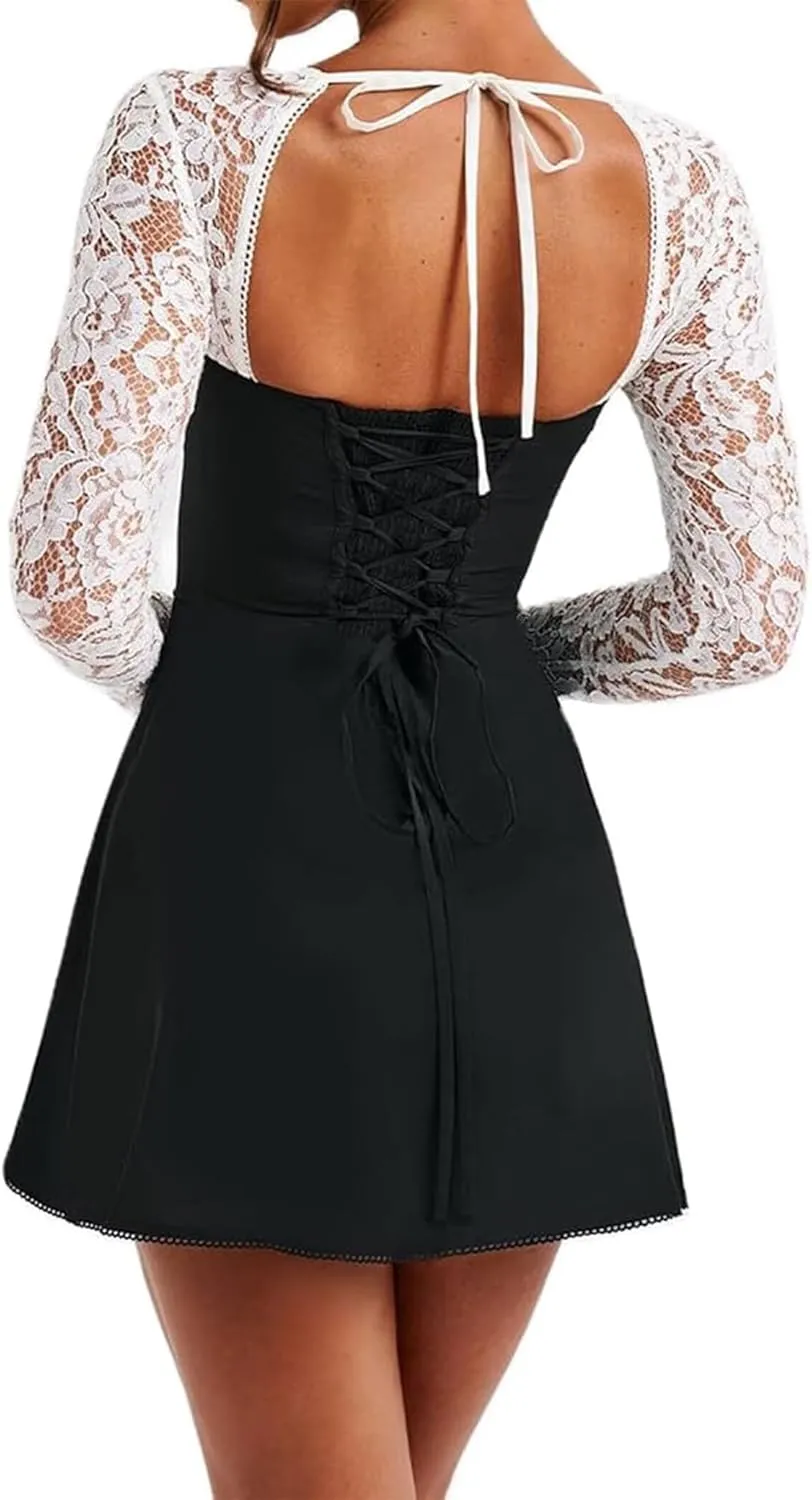 Women 's Elegant Bodycon Dress Lace Patchwork Long Sleeve Low Cut Mini Dress Backless Tie-up Going Out Dress
