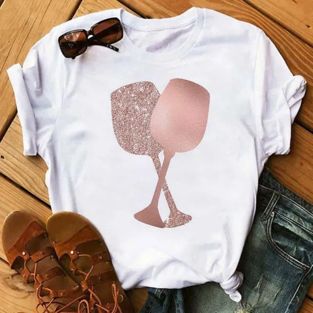 Women Short Sleeve T-Shirt Trendy High-Heeled Shoes Wineglass Printed T-Shirt