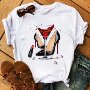Women Short Sleeve T-Shirt Trendy High-Heeled Shoes Wineglass Printed T-Shirt