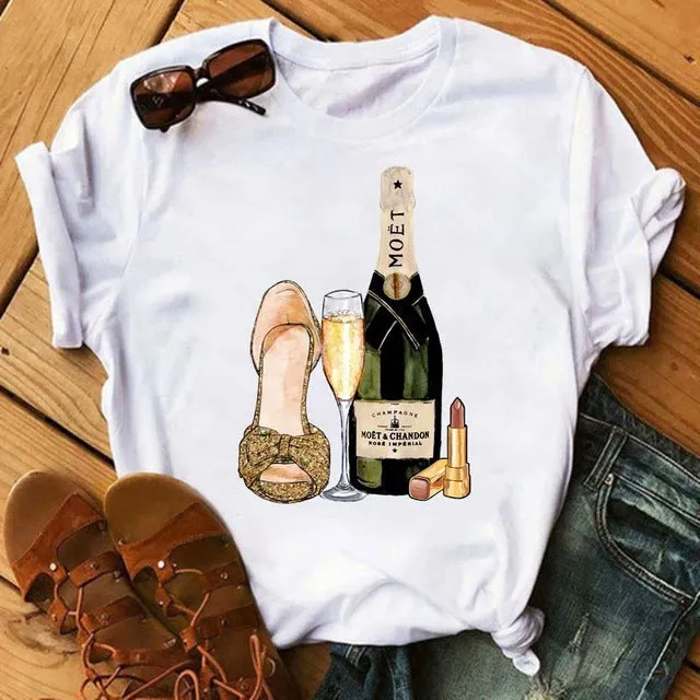 Women Short Sleeve T-Shirt Trendy High-Heeled Shoes Wineglass Printed T-Shirt
