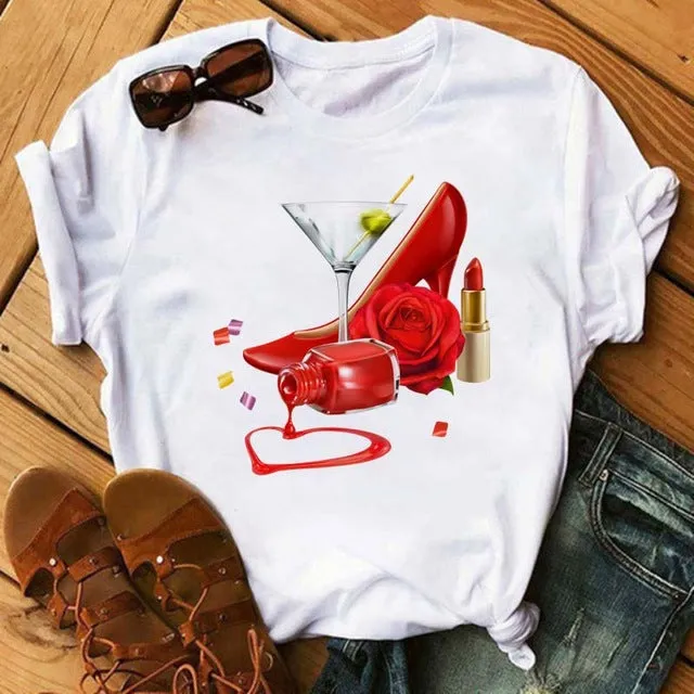 Women Short Sleeve T-Shirt Trendy High-Heeled Shoes Wineglass Printed T-Shirt