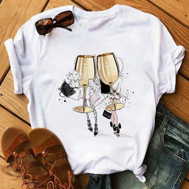 Women Short Sleeve T-Shirt Trendy High-Heeled Shoes Wineglass Printed T-Shirt