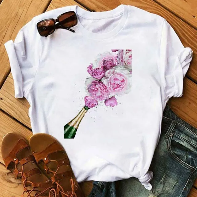 Women Short Sleeve T-Shirt Trendy High-Heeled Shoes Wineglass Printed T-Shirt
