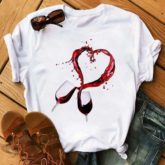 Women Short Sleeve T-Shirt Trendy High-Heeled Shoes Wineglass Printed T-Shirt