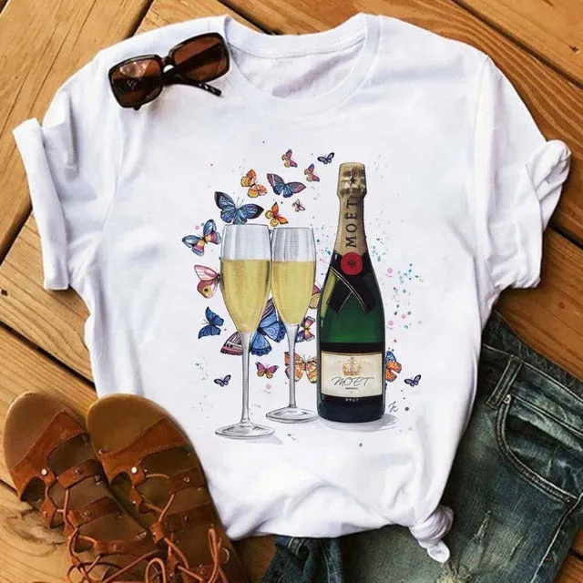 Women Short Sleeve T-Shirt Trendy High-Heeled Shoes Wineglass Printed T-Shirt