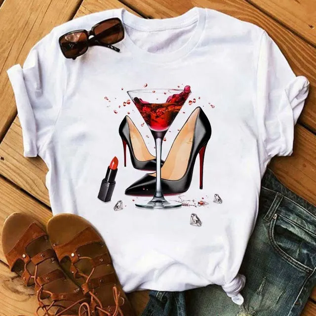 Women Short Sleeve T-Shirt Trendy High-Heeled Shoes Wineglass Printed T-Shirt