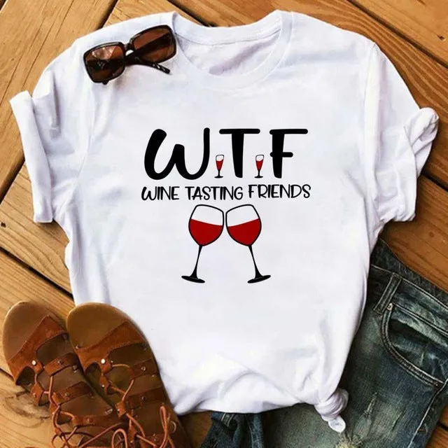 Women Short Sleeve T-Shirt Trendy High-Heeled Shoes Wineglass Printed T-Shirt