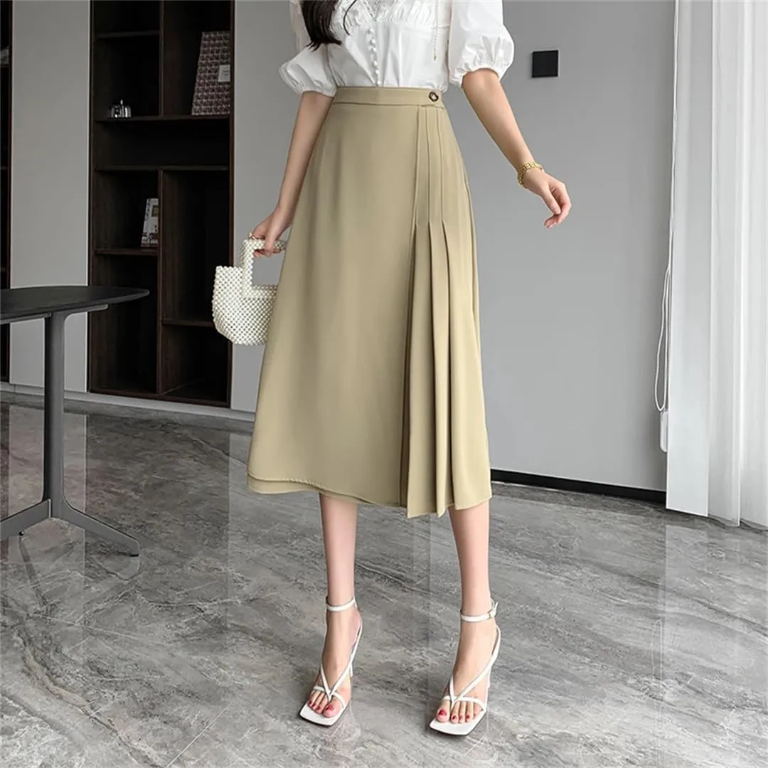 Women Summer Elegant Pleated A-Line Skirts Office High Waist Mid Length Skirts