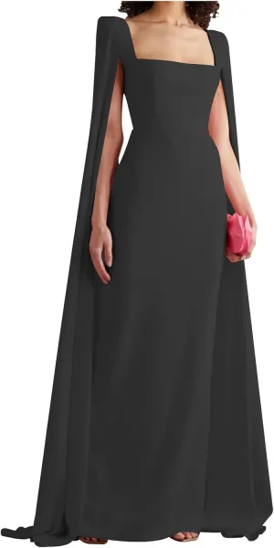 Women's Cape Sleeves Elegant Dress Square Collar Satin Long Sheath Formal Wedding Guest Dress with Back Slit