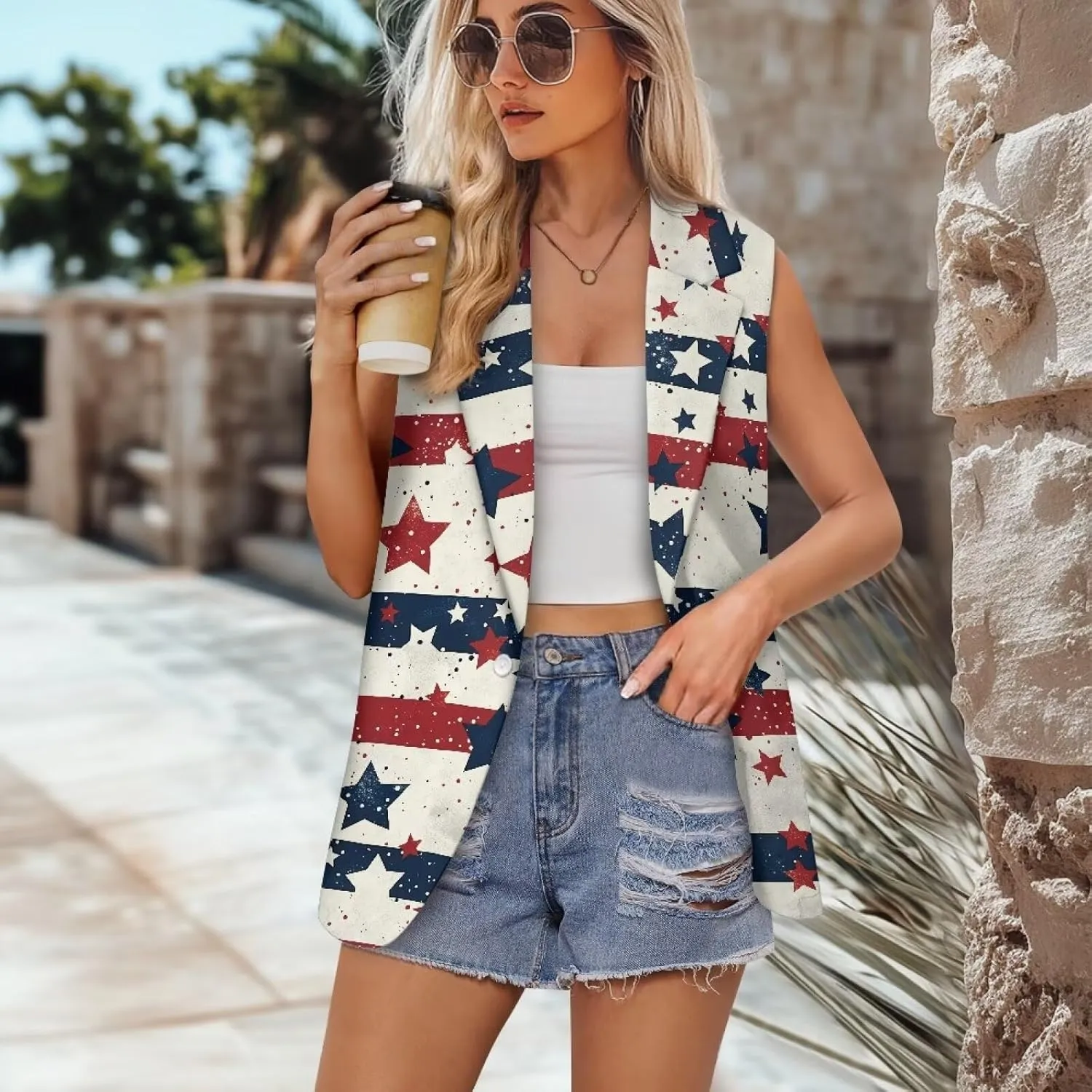 Womens Casual Suit Loose Fit One Button Waistcoat Sleeveless Blazer Jacket Dressy Suit Jacket