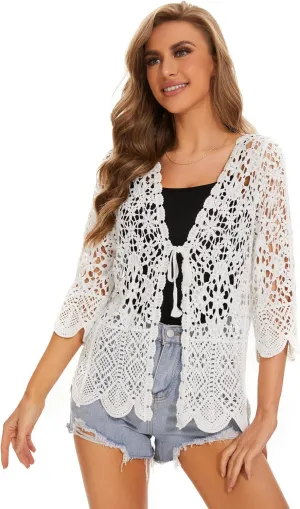 Women's Cotton Casual Floral Lace Crochet 3/4 Sleeve Cardigan Boho Cover Up