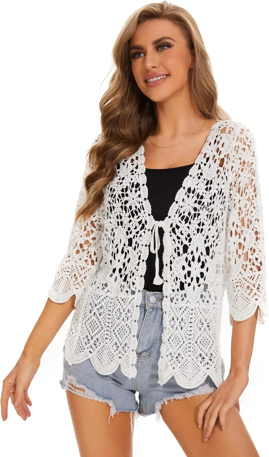 Women's Cotton Casual Floral Lace Crochet 3/4 Sleeve Cardigan Boho Cover Up