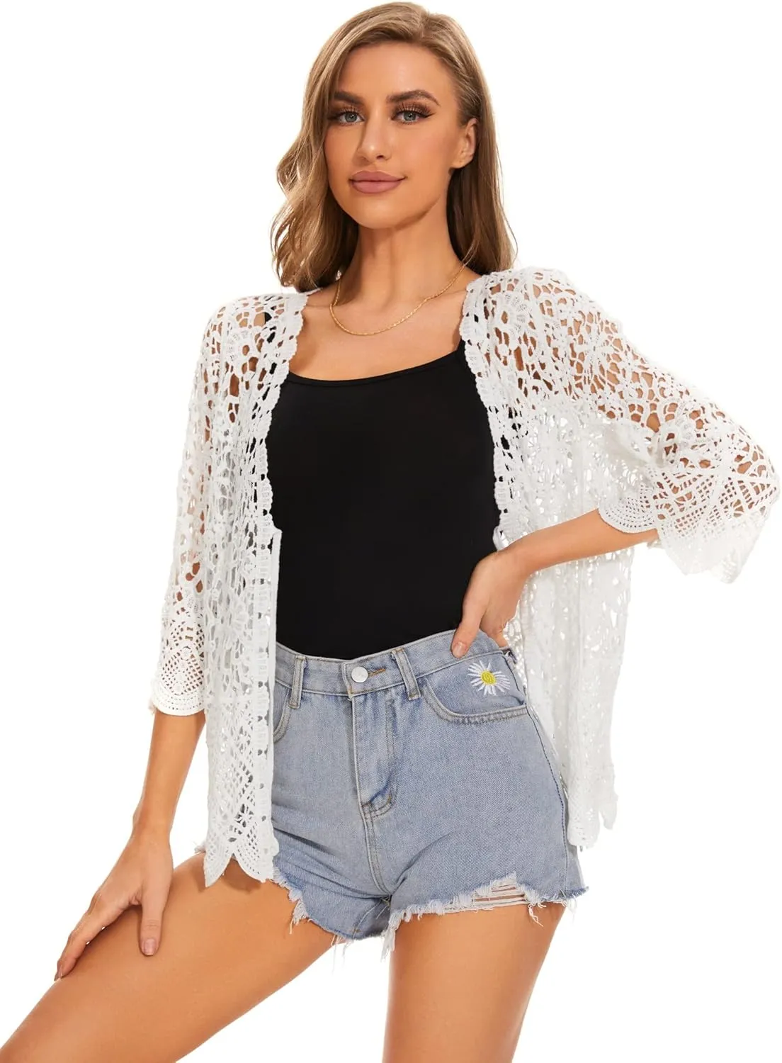Women's Cotton Casual Floral Lace Crochet 3/4 Sleeve Cardigan Boho Cover Up