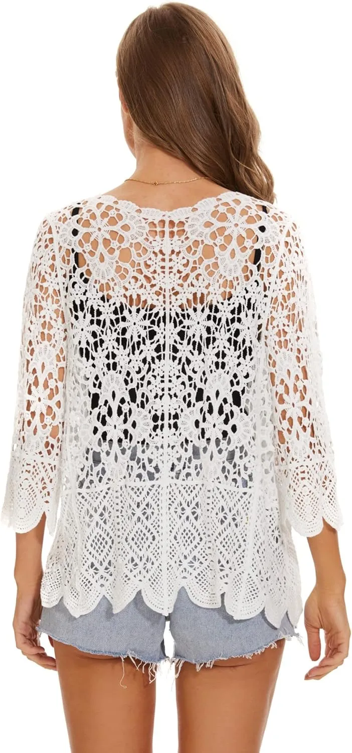 Women's Cotton Casual Floral Lace Crochet 3/4 Sleeve Cardigan Boho Cover Up