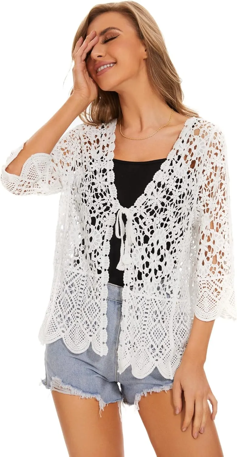 Women's Cotton Casual Floral Lace Crochet 3/4 Sleeve Cardigan Boho Cover Up