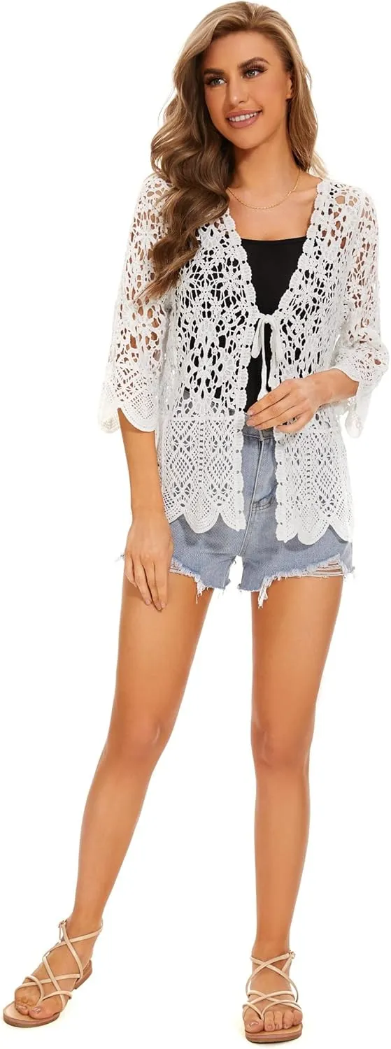 Women's Cotton Casual Floral Lace Crochet 3/4 Sleeve Cardigan Boho Cover Up