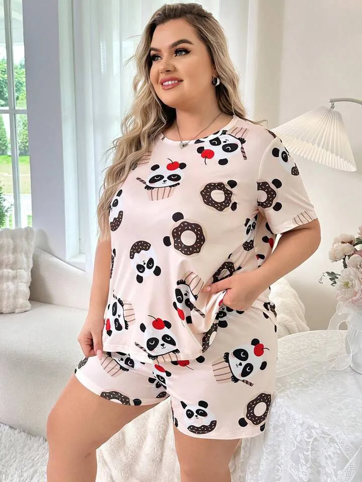 Women's Cute Donut-panda short-Set