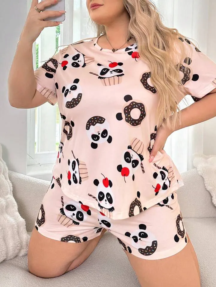 Women's Cute Donut-panda short-Set