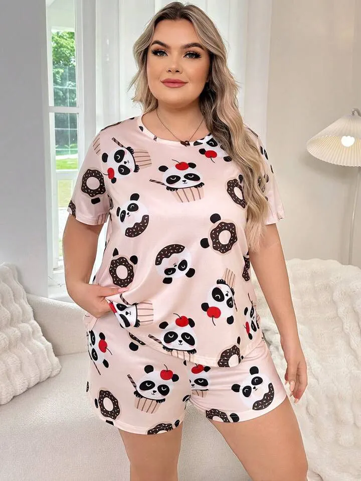 Women's Cute Donut-panda short-Set