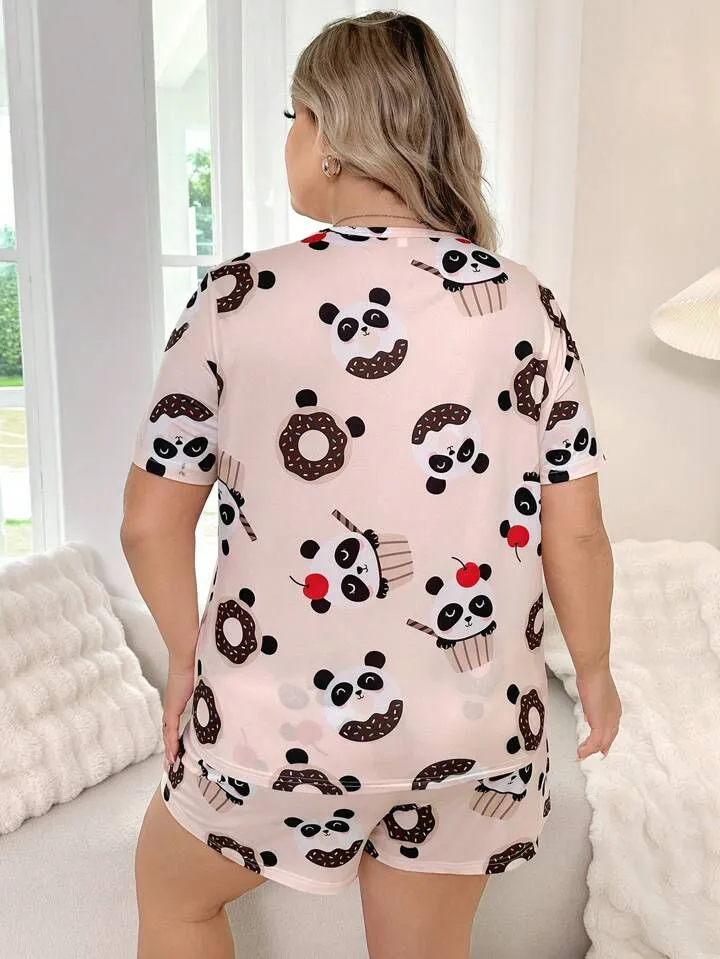 Women's Cute Donut-panda short-Set