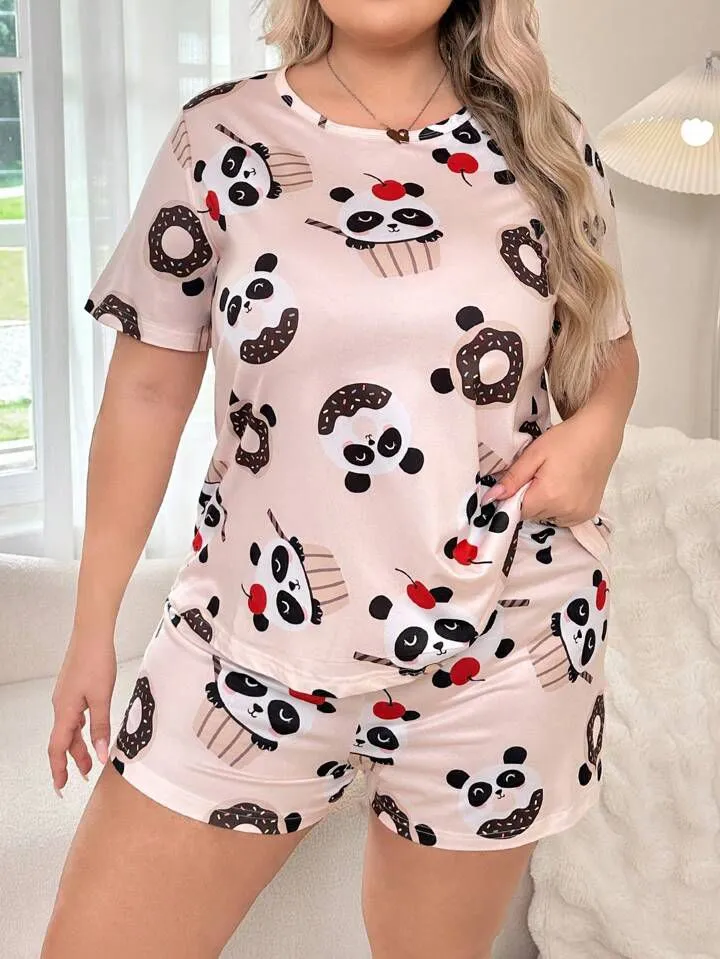Women's Cute Donut-panda short-Set