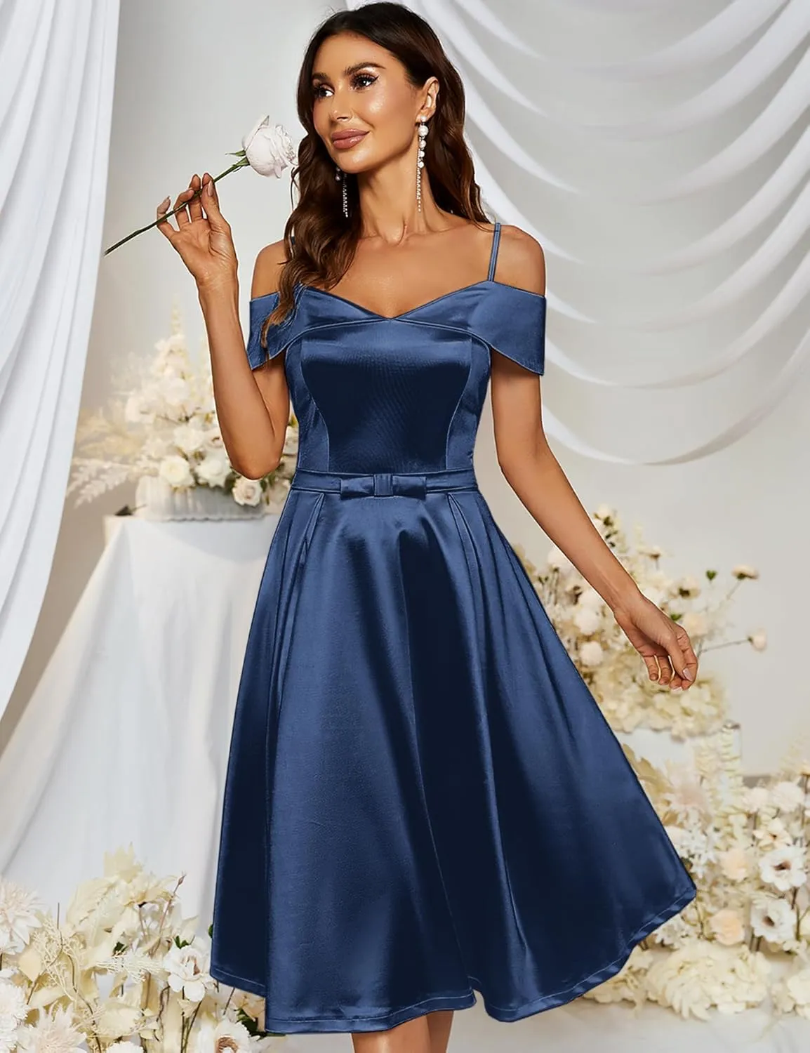 Women's Elegant Cold Shoulder Ruffle Trim Wedding Party Swing Dress