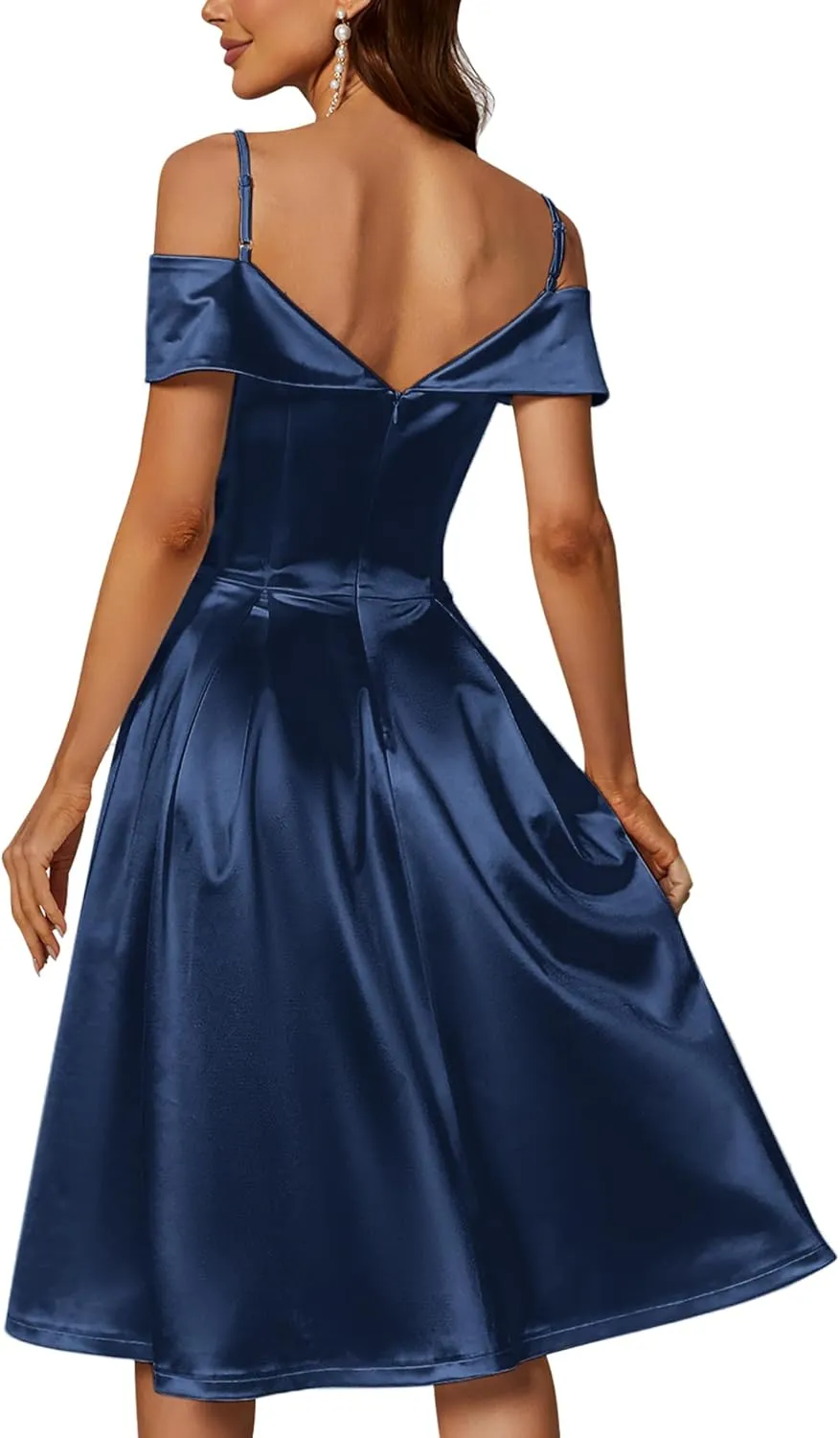 Women's Elegant Cold Shoulder Ruffle Trim Wedding Party Swing Dress