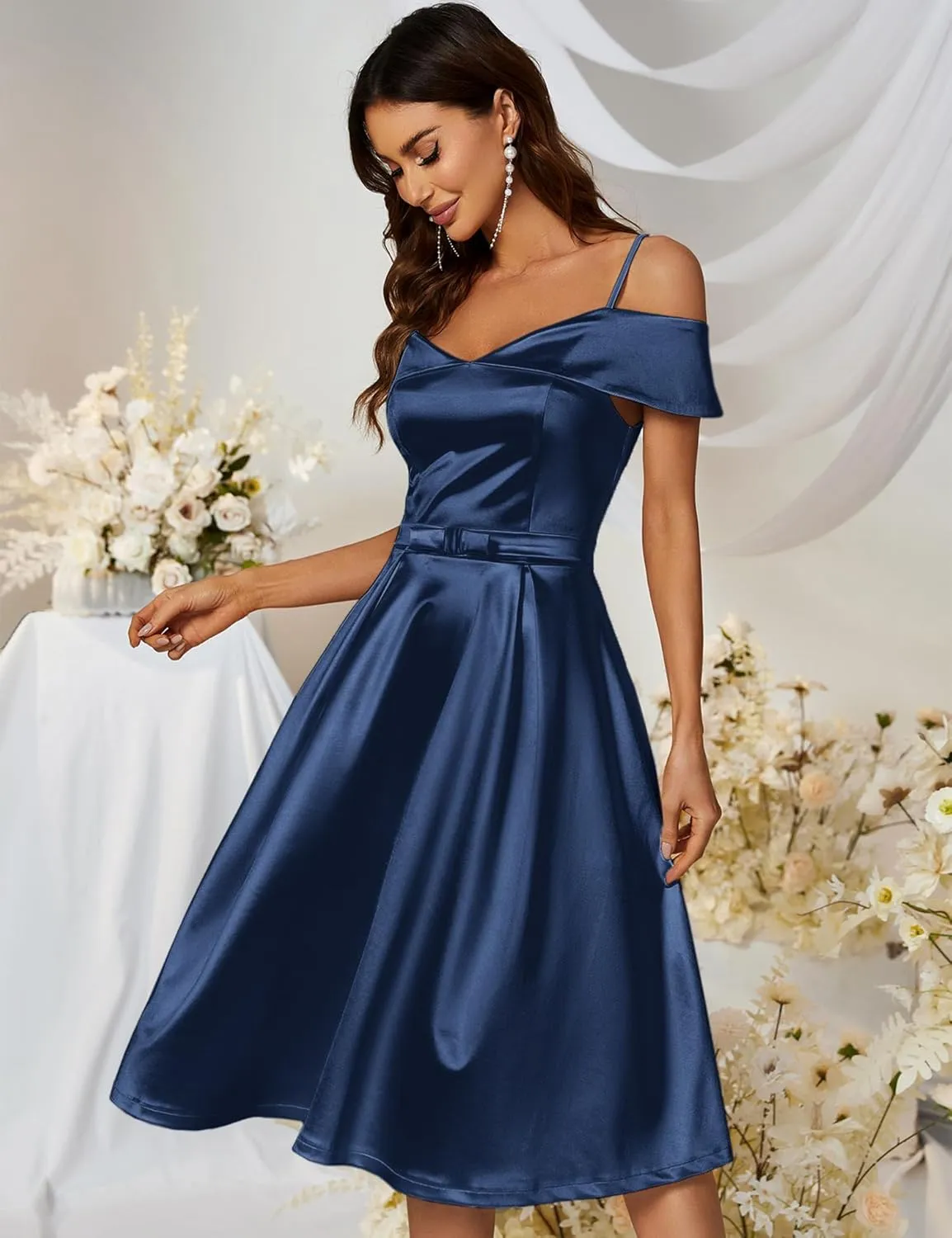 Women's Elegant Cold Shoulder Ruffle Trim Wedding Party Swing Dress