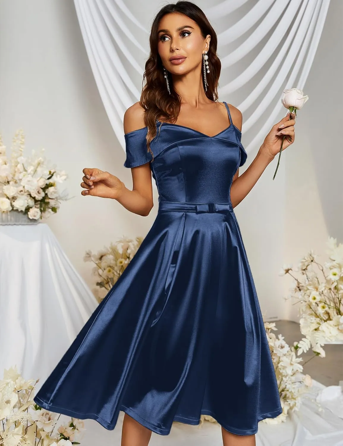 Women's Elegant Cold Shoulder Ruffle Trim Wedding Party Swing Dress