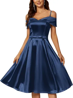 Women's Elegant Cold Shoulder Ruffle Trim Wedding Party Swing Dress
