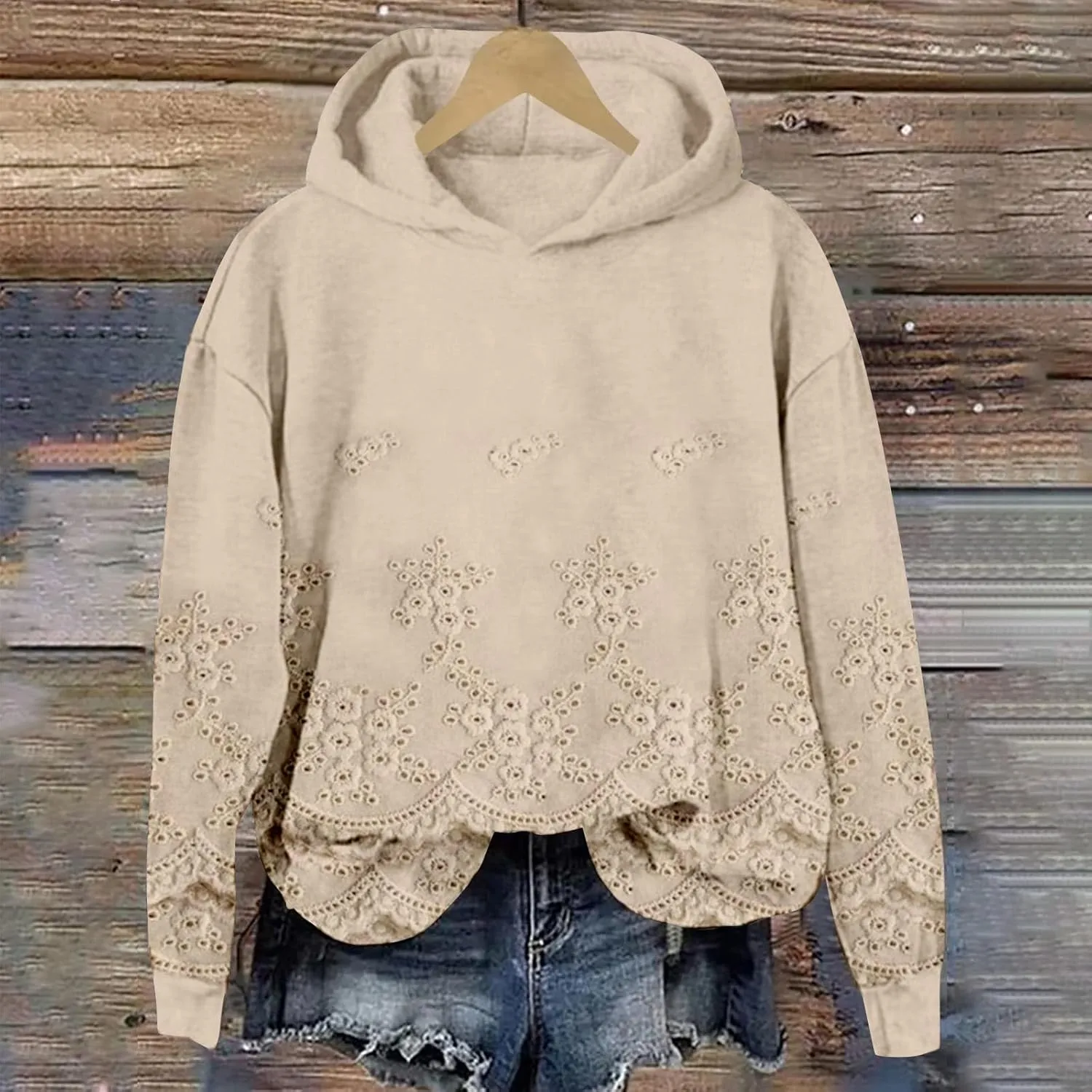 Women's Floral Lace Printed Hoodies Oversized Long Sleeve Pullover Sweatshirt Soft Fall Winter Athleisure Outfits