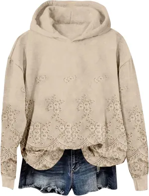 Women's Floral Lace Printed Hoodies Oversized Long Sleeve Pullover Sweatshirt Soft Fall Winter Athleisure Outfits