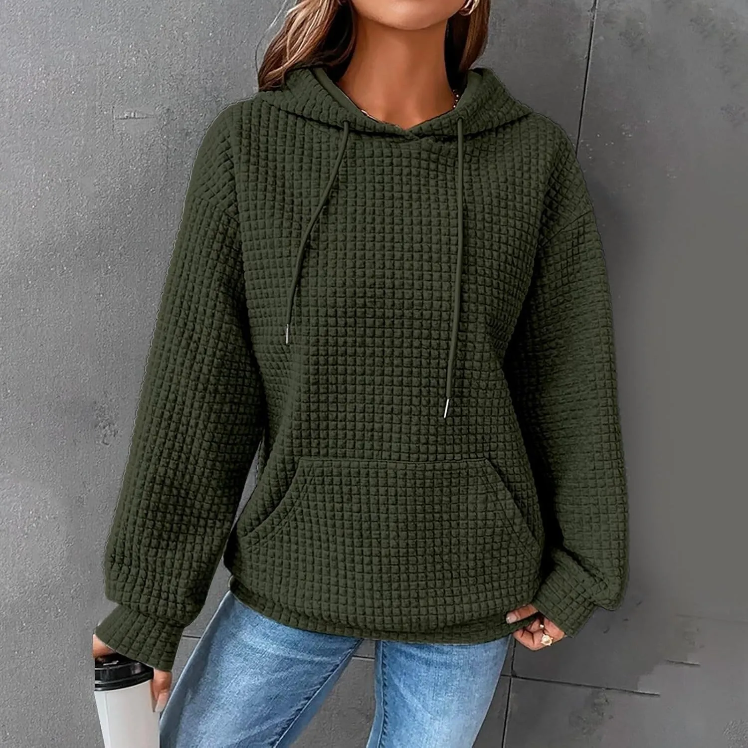 Womens Hoodies Pullover Quilted Long Sleeve Knit Oversized Sweatshirt Fall Drawstring Hooded Sweatshirts with Pocket