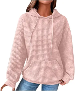 Womens Hoodies Pullover Quilted Long Sleeve Knit Oversized Sweatshirt Fall Drawstring Hooded Sweatshirts with Pocket