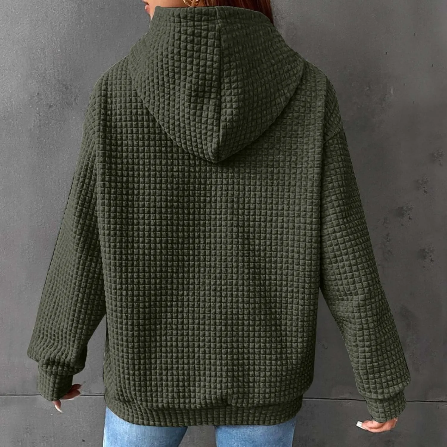 Womens Hoodies Pullover Quilted Long Sleeve Knit Oversized Sweatshirt Fall Drawstring Hooded Sweatshirts with Pocket